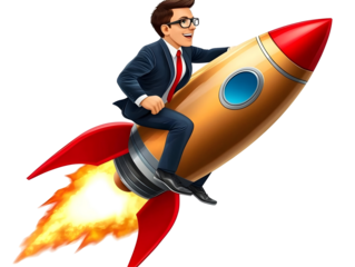 Businessman Illustration Flying On Rocket Transparent Background