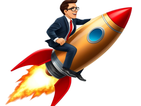 Businessman Illustration Flying On Rocket Transparent Background - Powered by Adobe