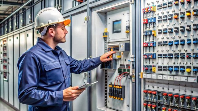 Electrician engineer work tester measuring voltage and current of power electric line in electical cabinet control.and wires on relay protection system. Bay control unit. Medium voltage switchgear	
