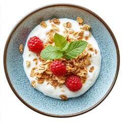 Yogurt parfait topped with granola and raspberries