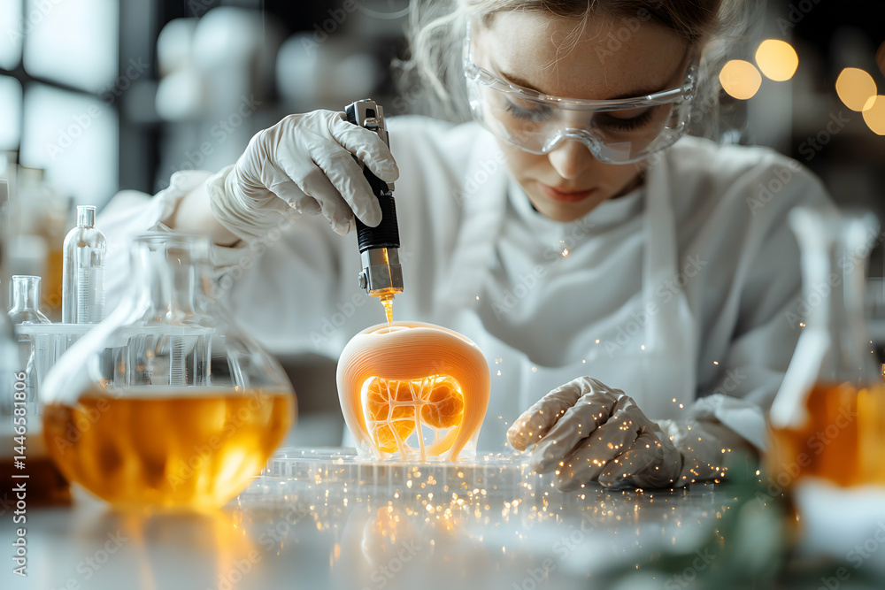 Poster a scientist performs an experiment in a laboratory using glowing substances. possible application in