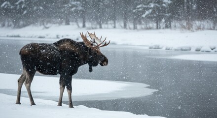 Moose in Winter Snowfall - Photo