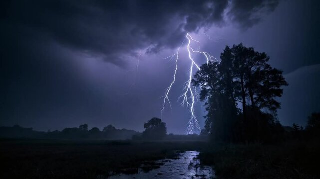 The thunderstorm rolled in quickly, bringing heavy rain, loud thunder, and flashes of bright lightning.