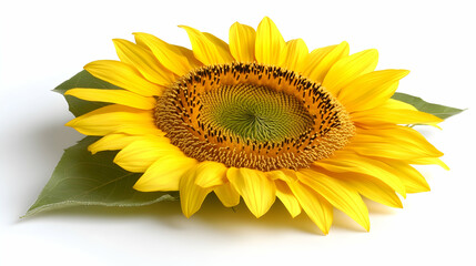 Obraz premium Vibrant single sunflower blossom with leaf, isolated on white background. Perfect for summer, nature, or agriculture themes.