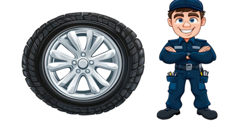 Cartoon Mechanic Character With Tire Illustration Isolated Background