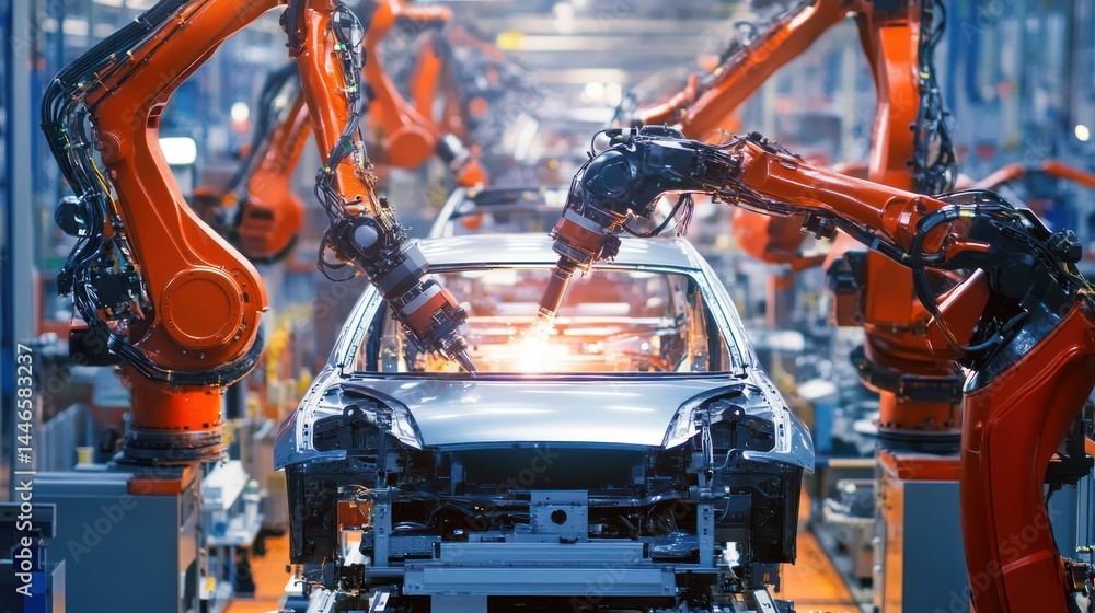 Poster automated assembly line showcasing robotic arms constructing a vehicle body
