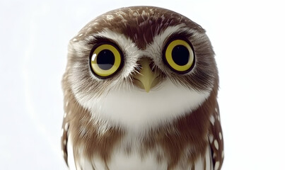Fototapeta premium Close-up portrait of an adorable little owl with big, bright yellow eyes, staring directly at the camera against a white background.
