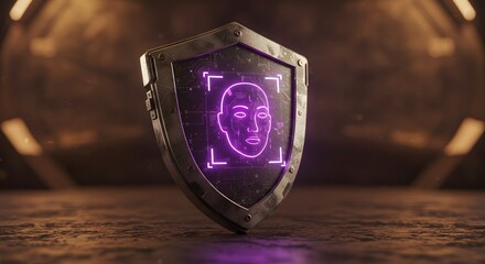 A shield with a face scan graphic illuminated in purple light on a textured surface in a dark room