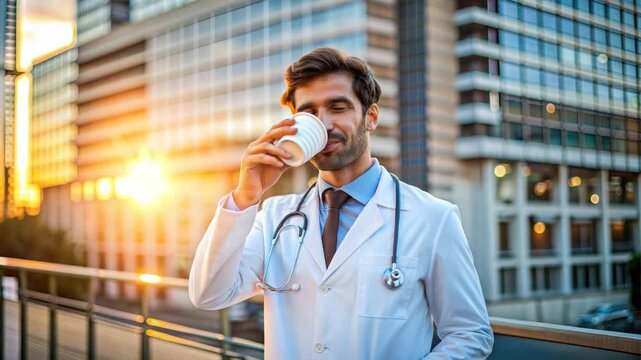 young doctor dinking coffee or water