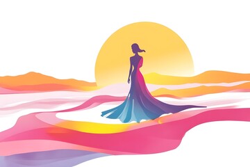 Minimalist illustration of a woman in a long tight dress, she is very beautiful and slim, she enjoys her shape on a transparent background of a colorful dreamlike and fantastical landscape