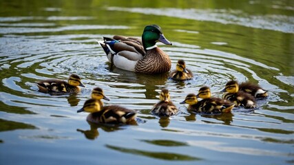 Obraz premium mother duck with the children, Generativo ai
