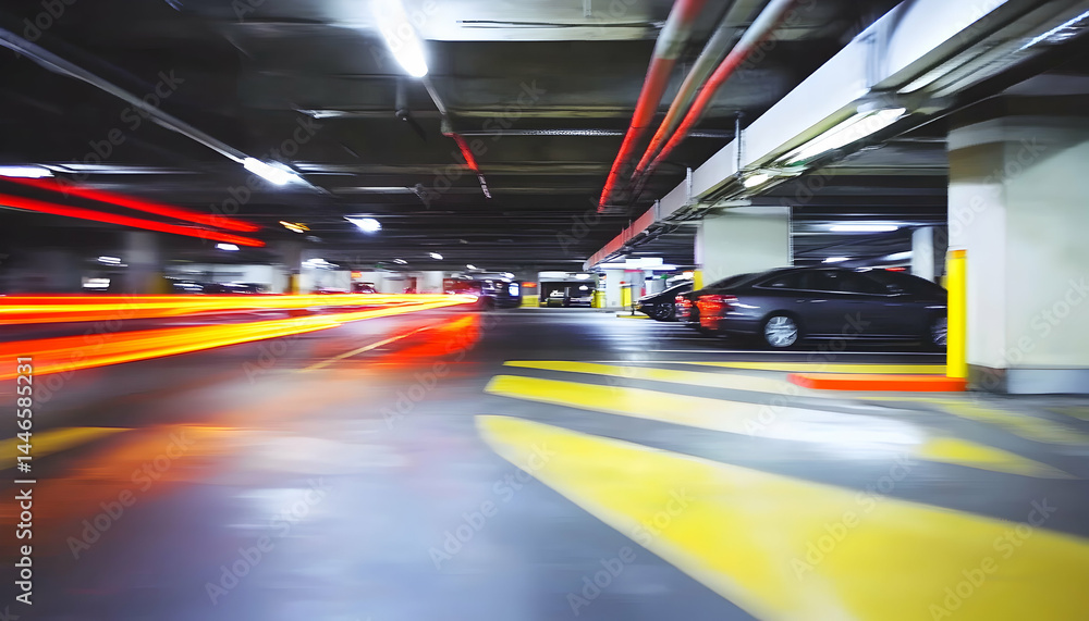 Poster abstract image of a parking garage at night with blurred car lights creating dynamic streaks of colo