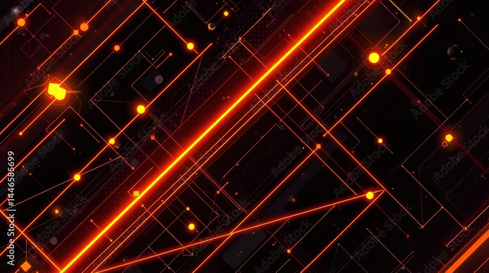 Poster glowing orange lines intersect on a dark background, creating a futuristic circuit board effect