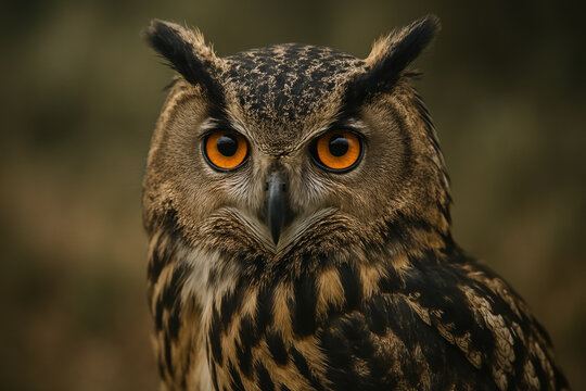 Majestic eurasian eagle owl with striking orange eyes in natural habitat