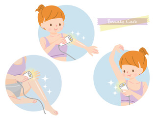 脱毛器でムダ毛の処理をする女性のイラストセット