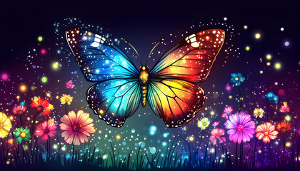 Vibrant iridescent butterfly amidst glowing flowers and fireflies at night.  A magical, whimsical illustration.