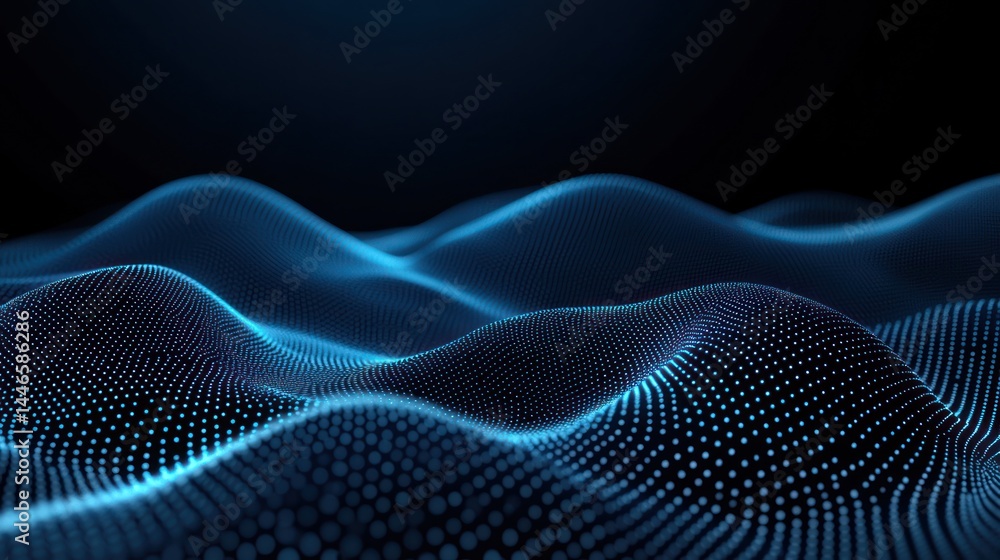 Poster abstract digital landscape of undulating, glowing blue particles on a dark background. a network of 
