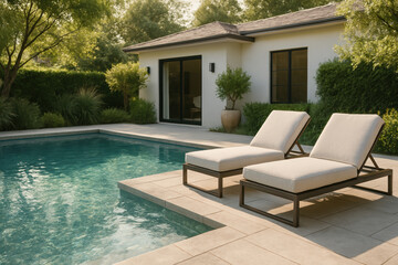 Fototapeta premium Luxurious poolside retreat with modern lounge chairs and lush greenery in sunlit backyard