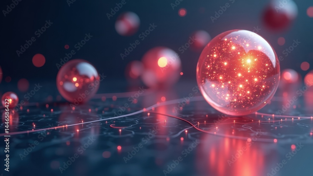 Poster cms hub. cosmic sphere oasis. abstract futuristic concept. cluster of glowing red spheres hover abov