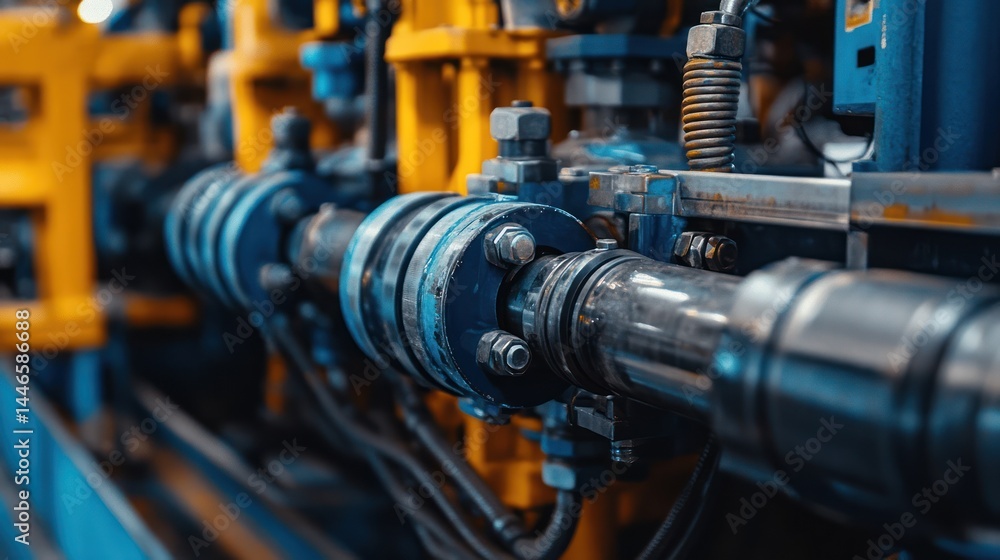 Poster industrial piping system with intricate metallic components in a vivid color scheme