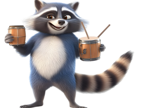 Cartoon Raccoon Playing Drums Illustration Isolated Background