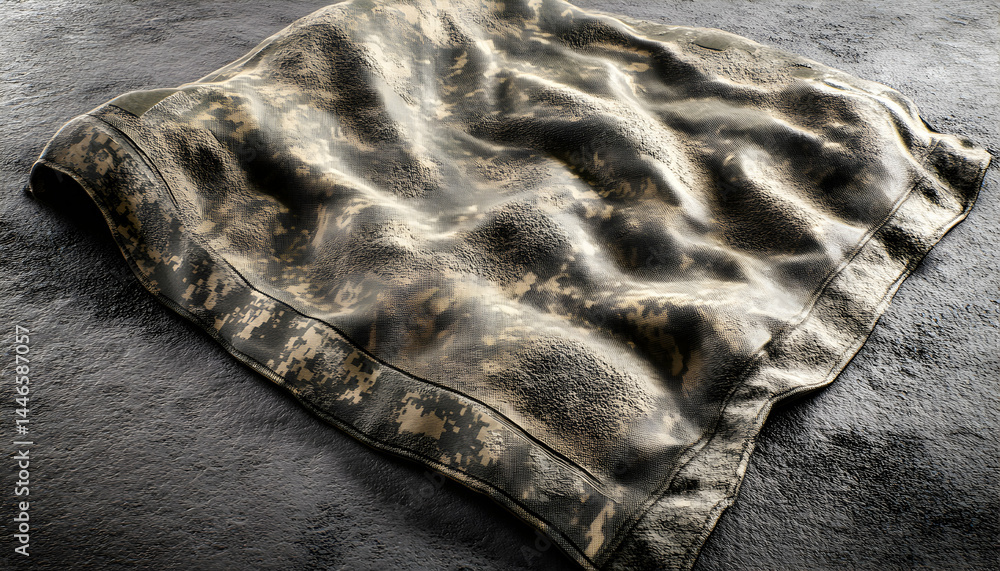 Poster Draped camouflage fabric texture; abstract background.  High-resolution image showcasing detailed textile folds and patterns.