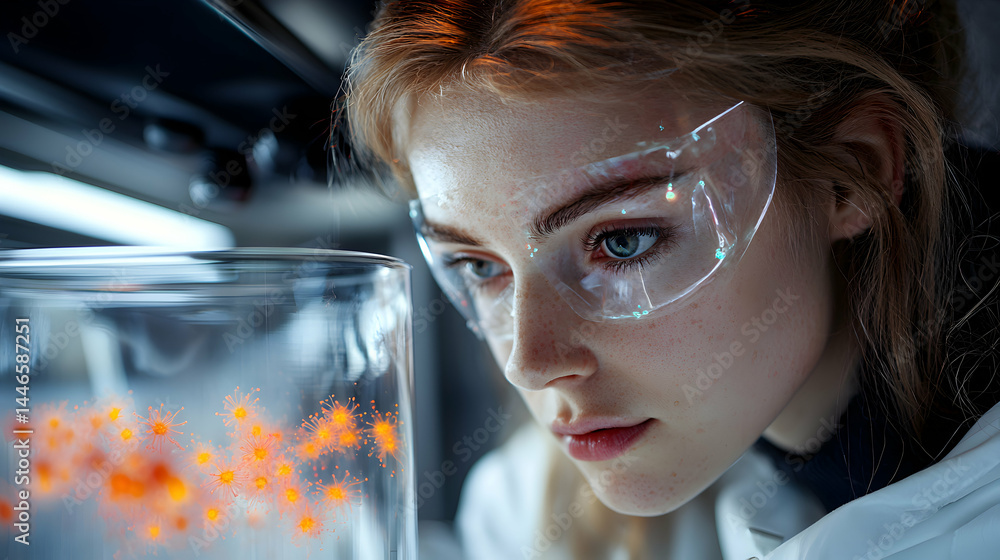 Poster a scientist examines a glass jar filled with glowing particles. this image could be used for science