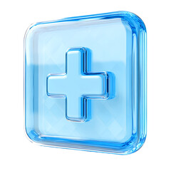 A blue glass first aid icon with a plus symbol, on a transparent background 