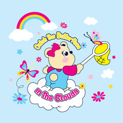 Cartoon bear with pink bow catching butterflies on cloud with rainbow and flowers in colorful flat child-friendly style
