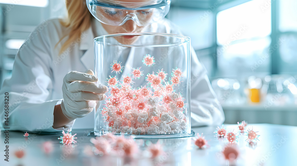 Poster a scientist observes a glass jar containing a cluster of virus particles. the image captures scienti
