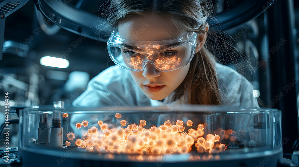 Poster a scientist examines a sample of microorganisms in a laboratory. this image could illustrate scienti