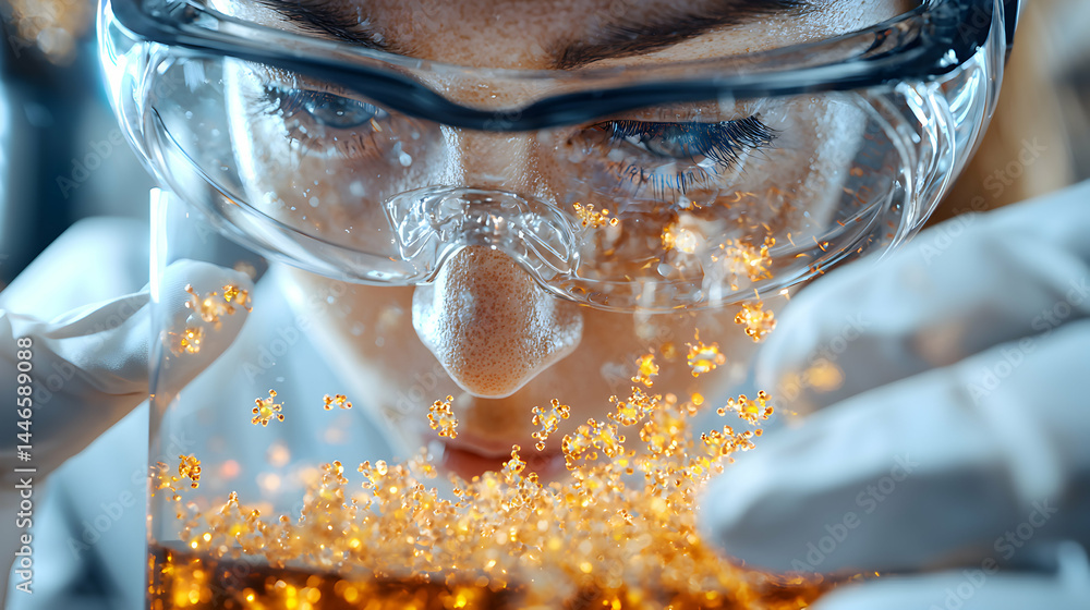 Poster a scientist peers into a flask filled with glowing particles. this image evokes scientific discovery