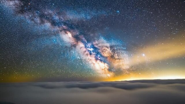 Dramatic night sky with the Milky Way and colorful clouds. Astronomy and celestial beauty concept.