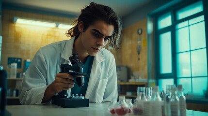 Female Chemist With White Coat Handling Microscope and Conducting Science Test Biology Samples Inside a Research Facility for Public Health Study