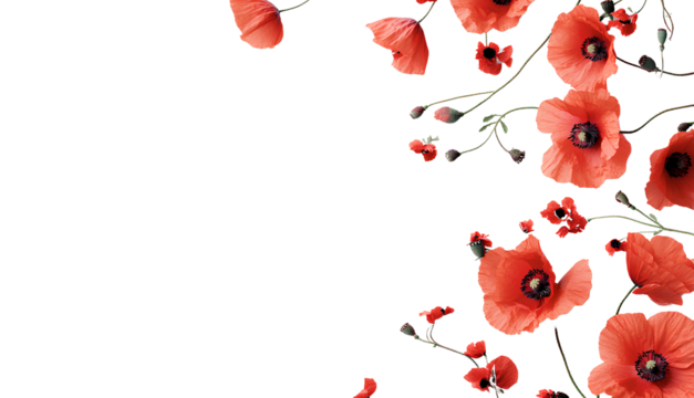 Transparent background with a poppy flower border on the right side, white space in the center of the picture, in PNG style and forma 