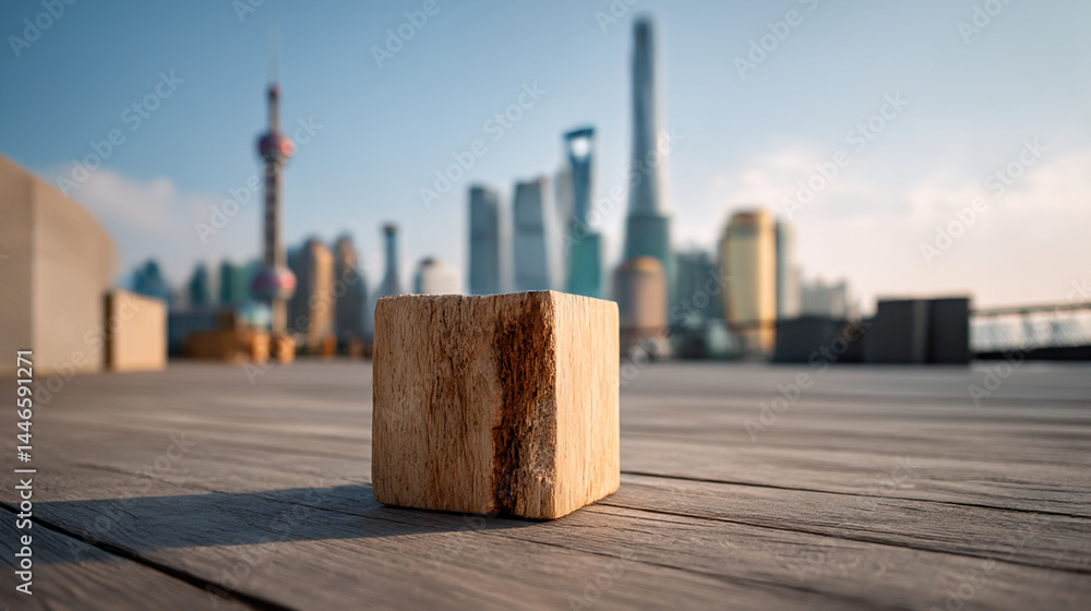 Poster wooden cube on deck with shanghai skyline background stock photo for travel and architecture photogr