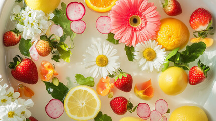 Flowers and fruits floating on water
