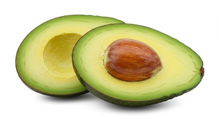 A perfectly ripe avocado cut in half, with vibrant green flesh and a large brown seed, isolated on a clean white background &mdash; high-resolution, natural lighting, minimal shadows