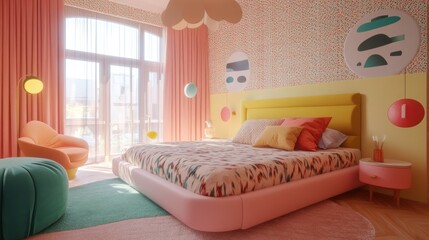 A retro-inspired Memphis aesthetic bedroom with pastel furniture and vibrant patterned wallpaper --ar 16:9 --v 6.1 Job ID: 1fefb867-8789-4384-a1d2-53abcc393c7c