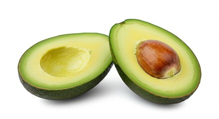 A perfectly ripe avocado cut in half, with vibrant green flesh and a large brown seed, isolated on a clean white background &mdash; high-resolution, natural lighting, minimal shadows