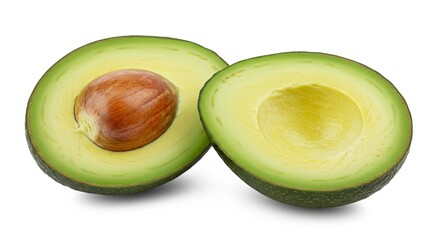 A perfectly ripe avocado cut in half, with vibrant green flesh and a large brown seed, isolated on a clean white background &mdash; high-resolution, natural lighting, minimal shadows
