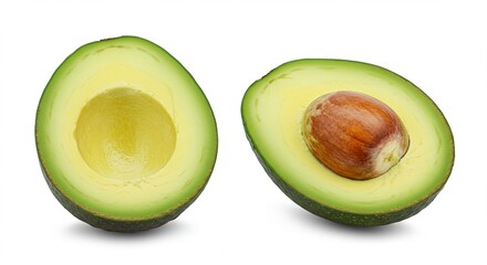 A perfectly ripe avocado cut in half, with vibrant green flesh and a large brown seed, isolated on a clean white background &mdash; high-resolution, natural lighting, minimal shadows