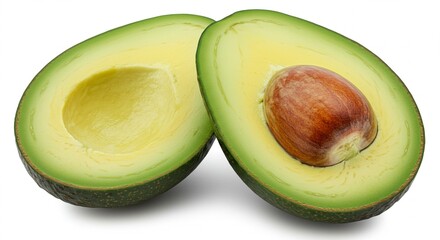 A perfectly ripe avocado cut in half, with vibrant green flesh and a large brown seed, isolated on a clean white background &mdash; high-resolution, natural lighting, minimal shadows