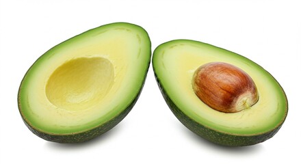 A perfectly ripe avocado cut in half, with vibrant green flesh and a large brown seed, isolated on a clean white background &mdash; high-resolution, natural lighting, minimal shadows