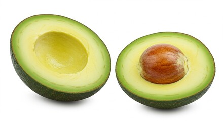A perfectly ripe avocado cut in half, with vibrant green flesh and a large brown seed, isolated on a clean white background &mdash; high-resolution, natural lighting, minimal shadows