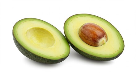 A perfectly ripe avocado cut in half, with vibrant green flesh and a large brown seed, isolated on a clean white background &mdash; high-resolution, natural lighting, minimal shadows