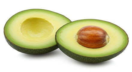 A perfectly ripe avocado cut in half, with vibrant green flesh and a large brown seed, isolated on a clean white background &mdash; high-resolution, natural lighting, minimal shadows