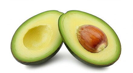A perfectly ripe avocado cut in half, with vibrant green flesh and a large brown seed, isolated on a clean white background &mdash; high-resolution, natural lighting, minimal shadows