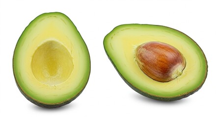 A perfectly ripe avocado cut in half, with vibrant green flesh and a large brown seed, isolated on a clean white background &mdash; high-resolution, natural lighting, minimal shadows