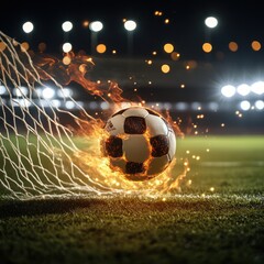 Soccer ball on fire in net at night